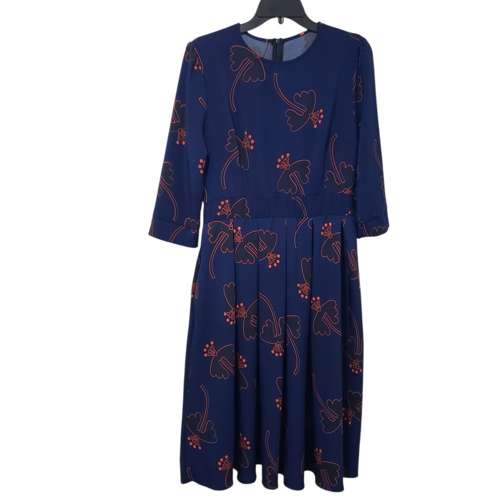 Navy Blue & Orange Floral Fit & Flare Midi Dress with Pockets | Womens Large